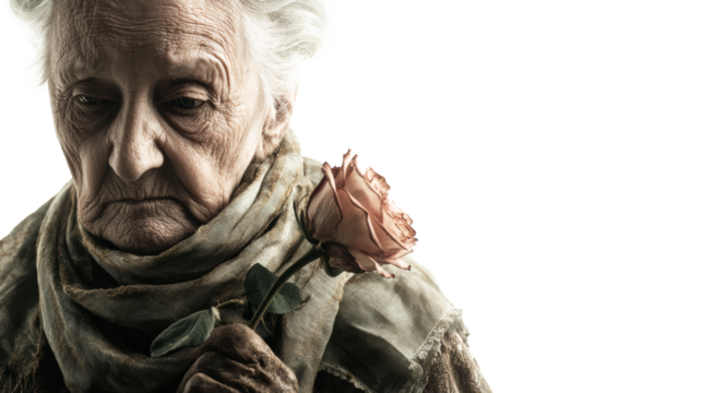 Elderly woman holding a wilted rose, conveying emotions of contemplation and loss, cut out transparent
