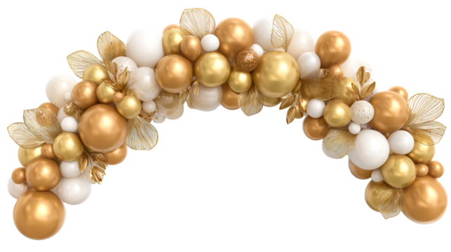 Elegant Balloon Arch with Gold and White Spheres and Wire Leaf Accents, cut out transparent - Powered by Adobe
