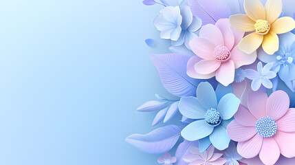 Obraz premium Pastel floral background with delicate paper flowers, soft blue gradient, gentle leaves, and calm, serene spring mood