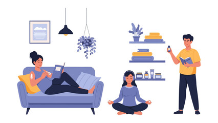 Diverse people enjoying a calm and relaxing day at home with activities like reading meditating and enjoying a beverage