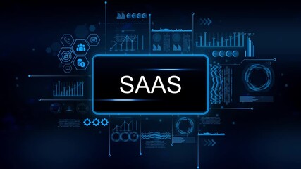 Saa S technology concept digital interface with glowing data charts graphs and icons representing business growth and analytics in a futuristic blue digital network - Powered by Adobe