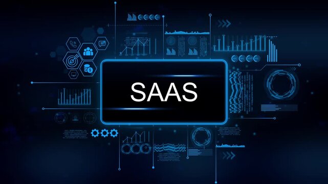 Saa S technology concept digital interface with glowing data charts graphs and icons representing business growth and analytics in a futuristic blue digital network