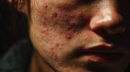 Obraz premium acne on woman face with rash skin, scar, and red skin syndrome allergic to cosmetics, use steroids, dermatology, inflammation, infection, hygiene