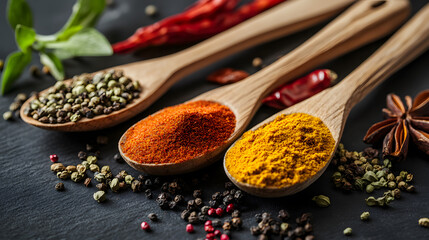 Colorful spices in wooden spoons on dark surface aromatic vibrant culinary seasoning closeup natural rustic fresh