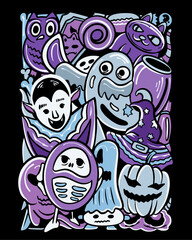 Fototapeta premium whimsical halloween vector doodle with spooky ghost, pumpkin, witch hat