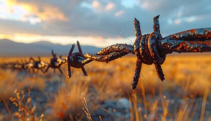 Naklejka premium Rusty Barbed Wire Fence Against a Scenic Sunset Landscape