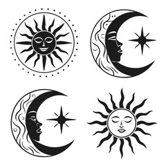 Celestial icons featuring stylized sun and crescent moon faces with stars and decorative elements in a black and white graphic design