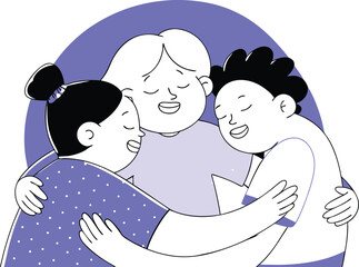 Diverse group of cartoon children embracing in joyful illustration white background