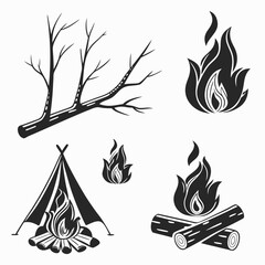 Collection of stylized black and white graphic icons representing elements of camping and outdoor life including a campfire with logs and a tent a burning flame and a bare tree branch © David