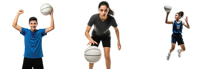 Collection of diverse young athletes playing basketball. A happy teen boy, a focused woman, and a girl in action, isolated on white