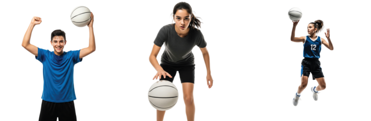 Collection of diverse young athletes playing basketball. A happy teen boy, a focused woman, and a girl in action, isolated on white