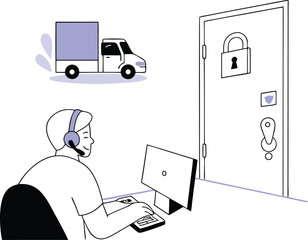 Customer service representative with headset assists with secure delivery and access logistics white background