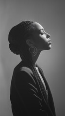 Black woman braided hairstyle profile portrait with hoop earrings and closed eyes in black and white studio lighting creating elegant mood and high contrast