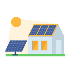 Eco house with rooftop solar panels and bright sun. Flat vector illustration of clean renewable energy for sustainability, environmental education, and green technology projects.