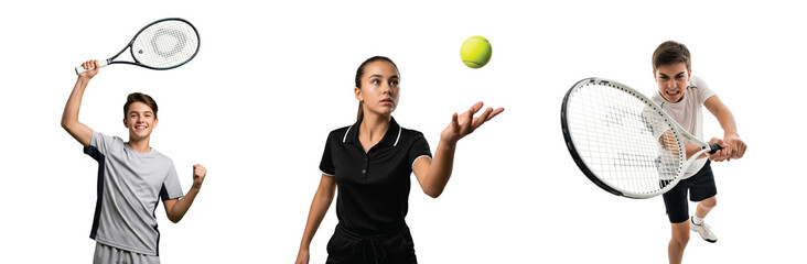 A diverse set of young tennis players in various poses. This collage captures the excitement, focus, and action of youth sports on an isolated background