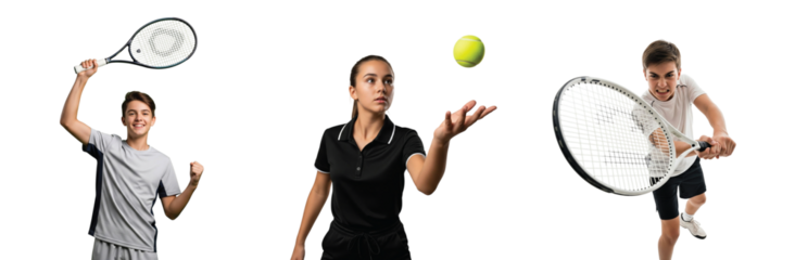 A diverse set of young tennis players in various poses. This collage captures the excitement, focus, and action of youth sports on an isolated background