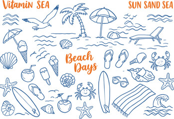Summer beach doodle illustration with palm tree, sea elements, shells, waves, ice cream, crabs, typography Vitamin Sea Beach Days