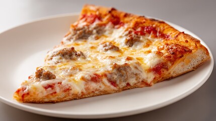 Delicious slice of cheese and sausage pizza on a white plate