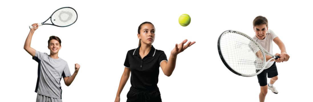 A diverse set of young tennis players in various poses. This collage captures the excitement, focus, and action of youth sports on an isolated background