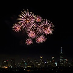 Fireworks exploding in the night sky above a city skyline silhouette, with dark sky and space below for text.