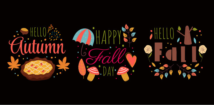 Hello Autumn greeting printing cards template concept set. Vector cartoon design element illustration