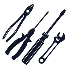 A collection of dark blue silhouette icons representing essential hand tools including pliers a screwdriver another screwdriver and an adjustable wrench arranged diagonally on a white background