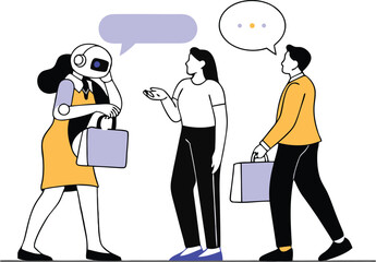 Robotic head character with bags interacting with people vector illustration white background