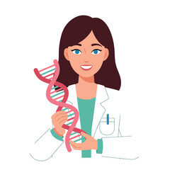 Woman in lab coat holds a DNA strand