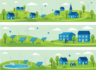 Eco village banners with houses, solar panels, wind turbines, bicycle, and countryside landscapes promoting renewable energy and green living