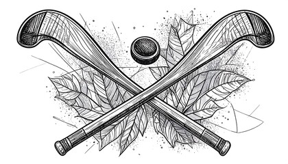 Crossed hockey sticks, leaves, and puck