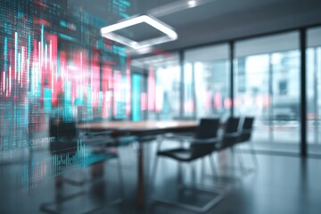 Modern office with digital data graphs overlay, symbolizing technology and finance in a collaborative workspace