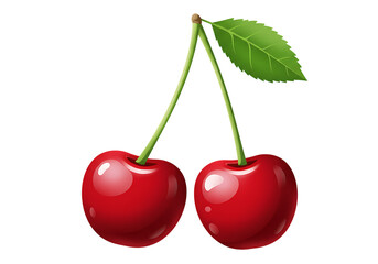 Two ripe red cherries with a green leaf isolated on transparent background