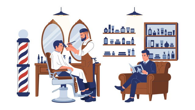 Vintage barber shop scene with two men getting haircuts and one reading a magazine while waiting