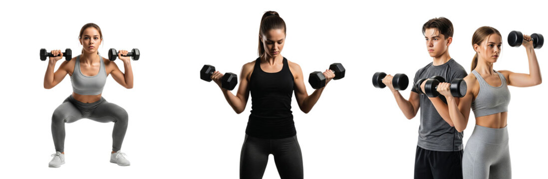A collection of fit young people exercising with dumbbells. Man and woman doing bicep curls and squats for strength and muscle training - Powered by Adobe