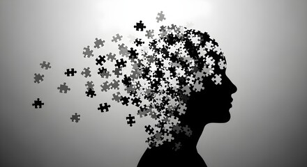 Silhouette of a head dissolving into scattered puzzle pieces symbolizing memory loss or breakdown