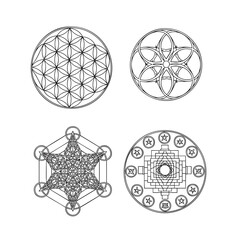 Collection of four sacred geometry symbols Flower of Life Seed of Life Metatrons Cube and Sri Yantra.