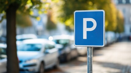 A blue parking sign with a white "P" stands on a city street lined with parked cars and leafy trees in the background