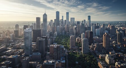 Obraz premium Aerial View of a Modern City Skyline at Sunrise