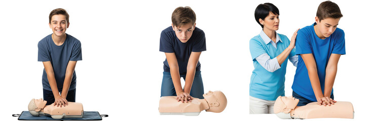 Educational sequence showing a teenage boy learning essential life-saving CPR techniques on a training mannequin with an instructor's help