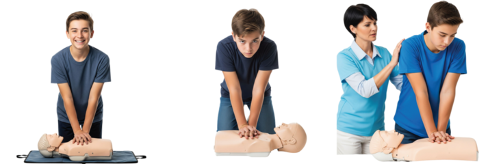 Educational sequence showing a teenage boy learning essential life-saving CPR techniques on a training mannequin with an instructor's help