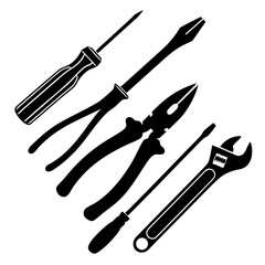 A collection of black silhouette icons representing various hand tools including screwdrivers pliers and an adjustable wrench arranged diagonally on a white background for a clean design