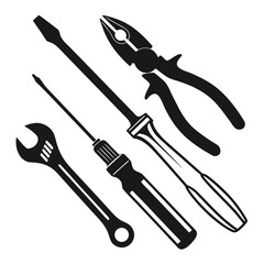 A collection of essential hand tools including pliers and various screwdrivers and a wrench presented as black silhouettes on a clean white background for easy integration into designs