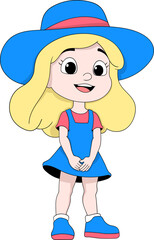 Cute Cartoon Girl in Blue Dress and Hat Illustration