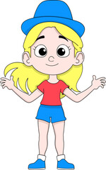 Happy Cartoon Girl in Red and Blue Outfit Illustration