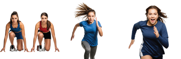 Dynamic sequence showing a determined female sprinter from the starting blocks to an explosive run, isolated on a white background