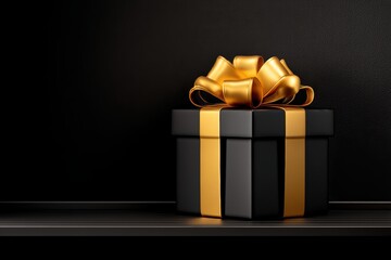 A black gift box with a shiny gold ribbon and bow sits on a dark surface against a black background