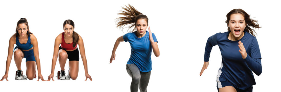 Dynamic sequence showing a determined female sprinter from the starting blocks to an explosive run, isolated on a white background