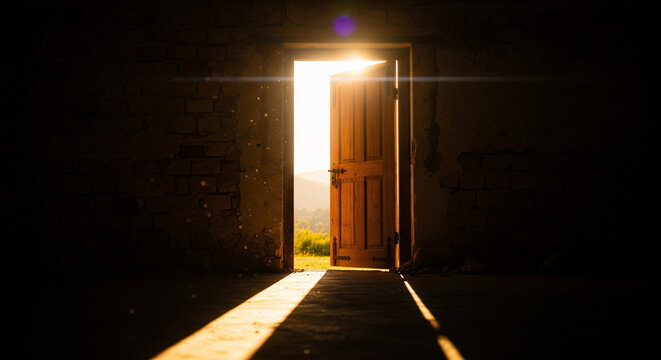 Open door with sunlight symbolizing opportunity and new beginnings