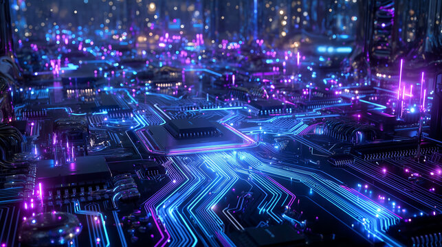 An intricate circuit board The lines and components are glowing with vibrant The background is dark and filled with subtle digital noise and data and Cyberpunk, tech, futuristic, highly detailed, 4K.