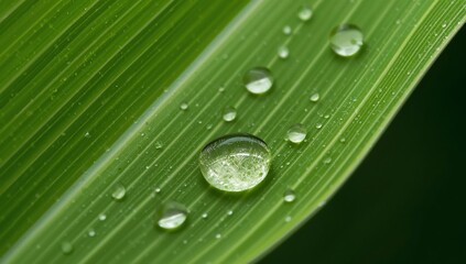 Fototapeta premium Emerald Leaf Adorned with Crystalline Spheres, Revealing Delicate Textures, A Visual Symphony.